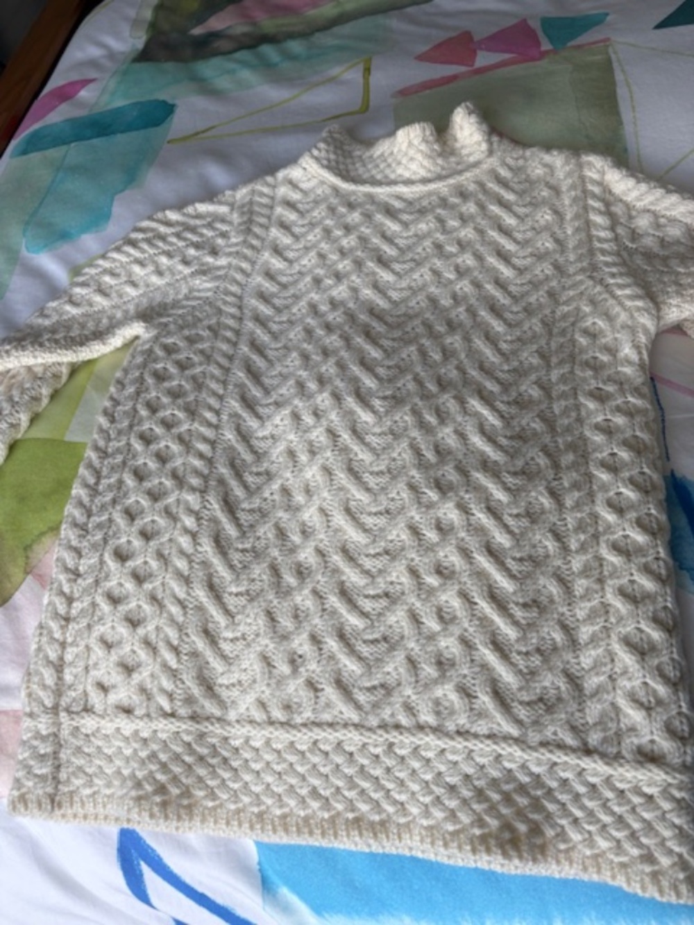 ARAN MOR Women's sz S Irish cable knit sweater polo neck natural white - Picture 2 of 14